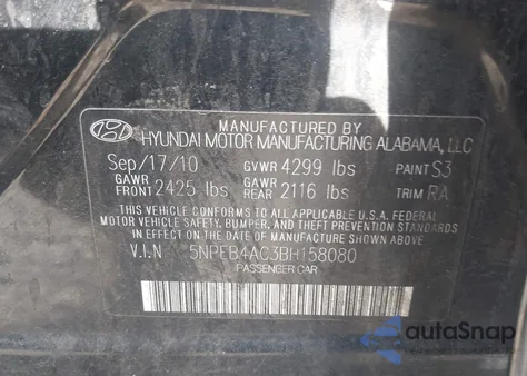 2011 Hyundai Sonata Gls from USA, damaged, VIN 5NPEB4AC3BH158080